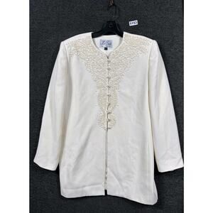 VTG Le Suit Floral Embroidered Blazer Jacket Womens Size 14 Ivory Casual Busines